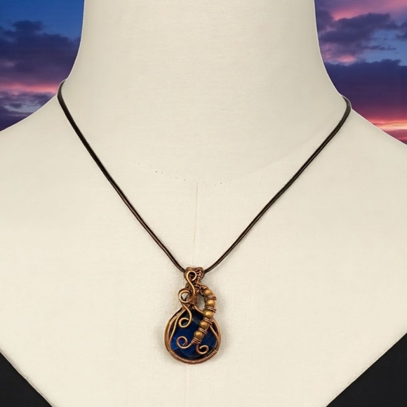 🆕️ Boho Chic Deep Blue Quartz Copper Wire Wrapped Pendant Statement Necklace - Picture 10 of 16